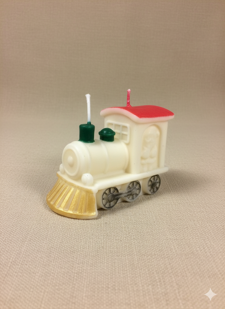Vela Navidad Tren Locomotora pintada a mano, con detalles en rojo, dorado y verde, sobre un fondo beige suave, realzando su brillo