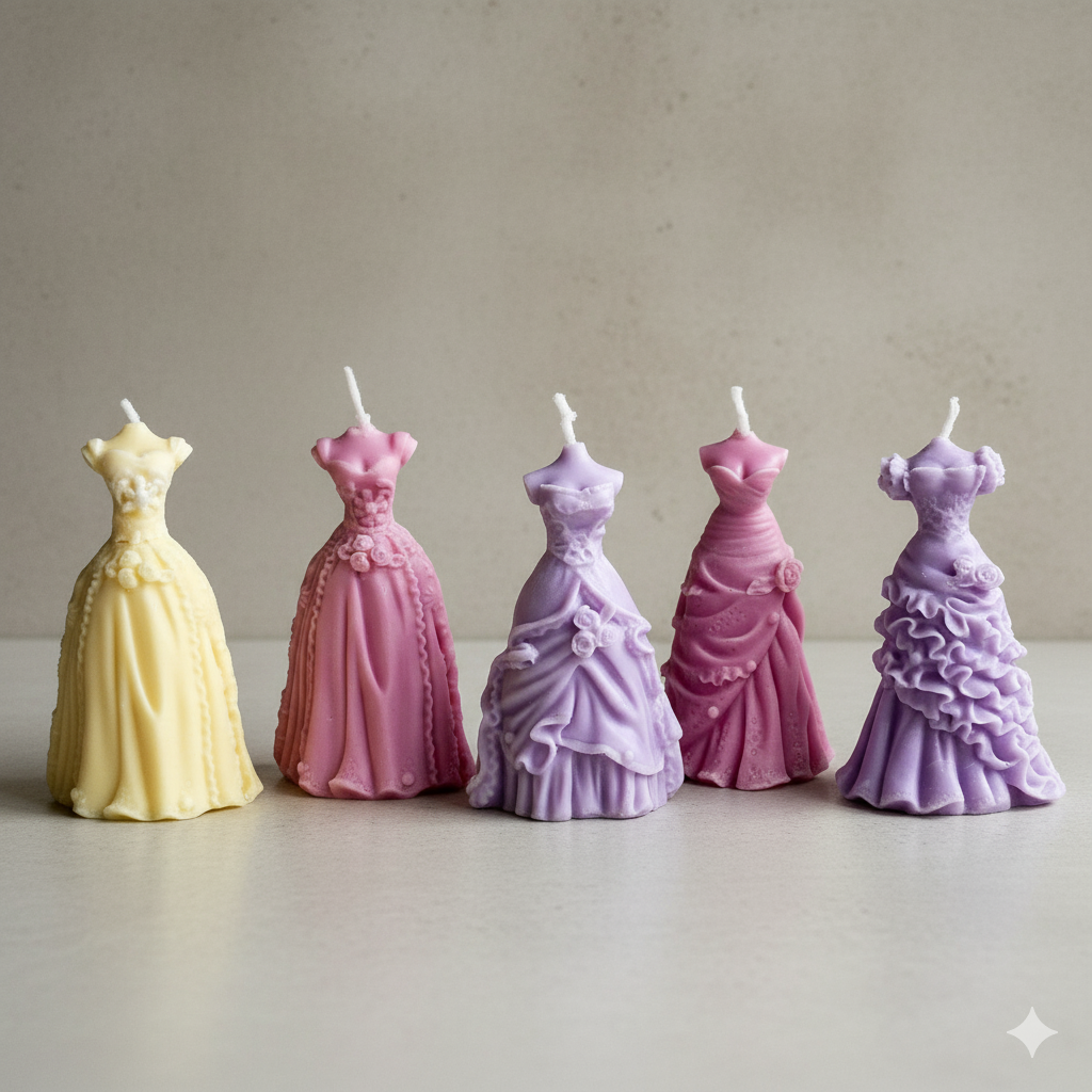Set de Velas Vestidos de Gala de lujo en cera vegetal. Esculturas de alta costura, detalle ecológico y glamuroso para fiesta de XV Años.