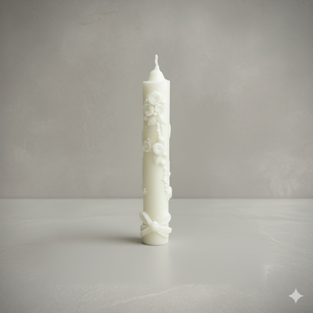 Vela Cirio Clásico para Comunión, color blanco. Detalle de lujo con relieve floral, 100% cera vegetal para ceremonia religiosa.