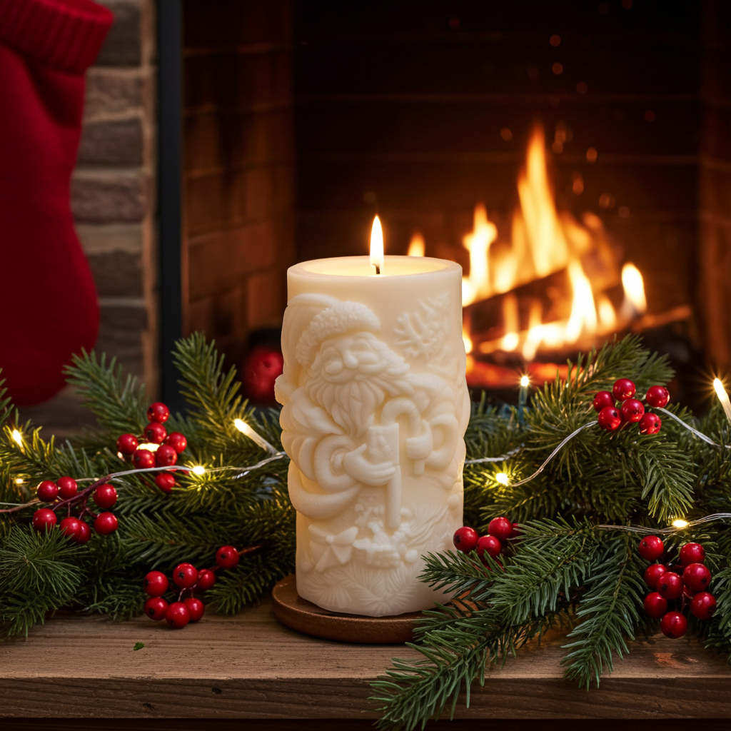 Vela Artesanal Tallada "Papá Noel Navideño"