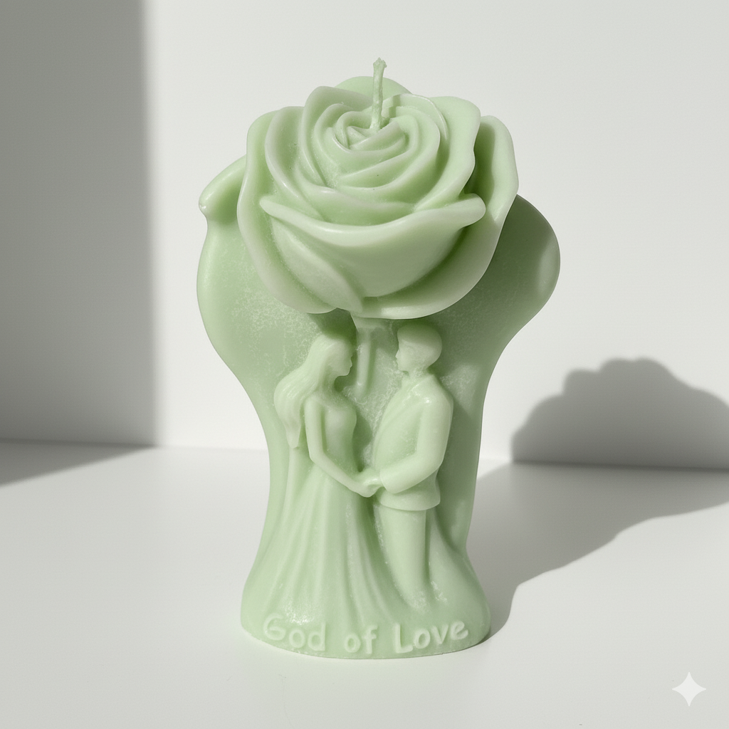 Escultura de cera Pareja Nupcial color verde menta. Pieza central de lujo con inscripción, ideal como regalo ecológico para compromiso o boda.