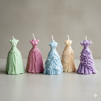 Velas Vestido de Quinceañera en colores pastel (verde, azul, lila). Souvenir de lujo individual y detalle de moda sostenible para eventos nupciales.