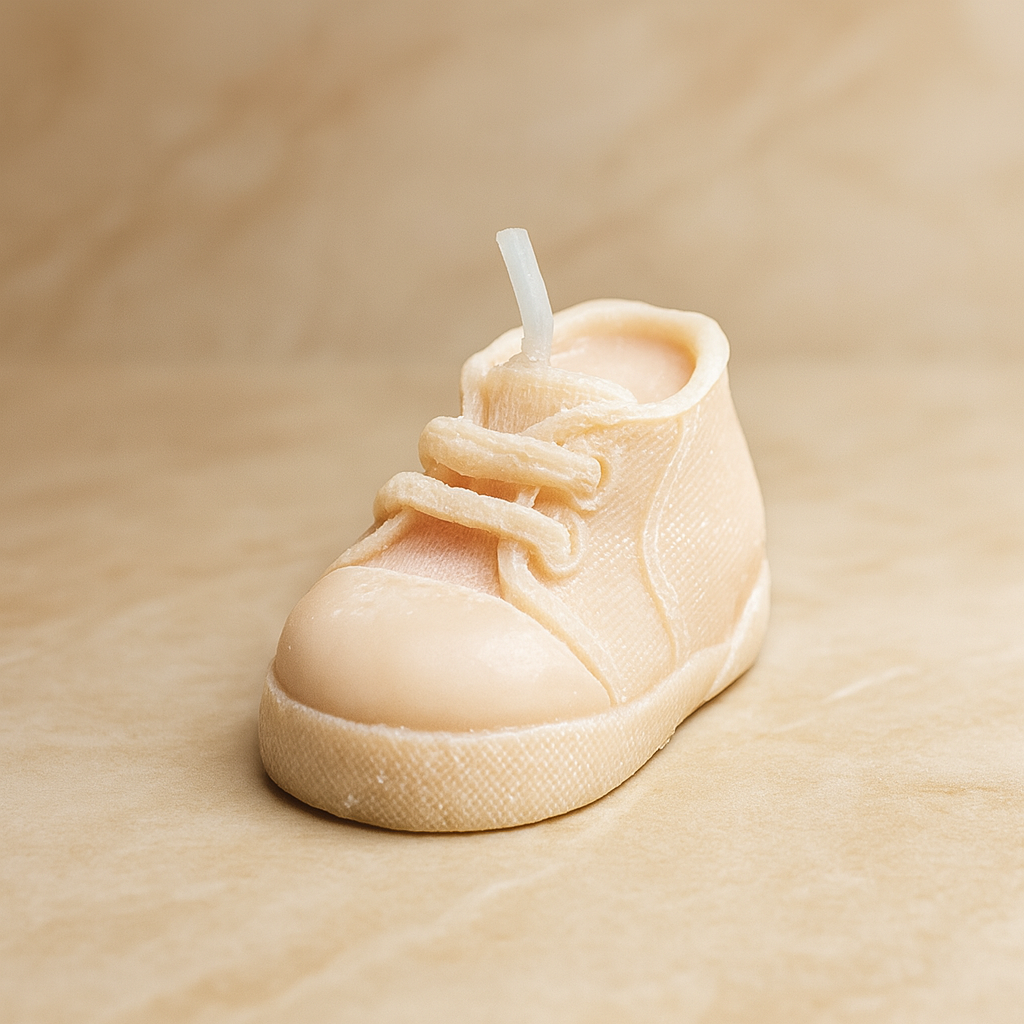 Vela Zapatilla de Bebé Clásica de lujo, color marfil. Detalle ecológico y tierno para Baby Shower o Bautizo. Escultura de cera vegetal artesanal.