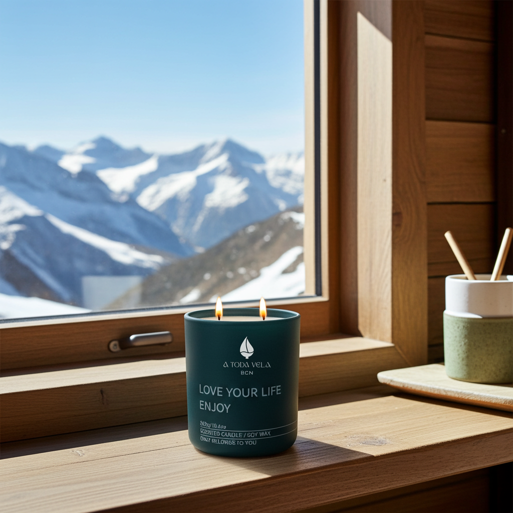 Vela perfumada de lujo A Toda Vela BCN Rumbo al Deseo en tarro verde oscuro con el mensaje "LOVE YOUR LIFE ENJOY" encendida en una mesa de madera. Fondo borroso de un balcón con barandilla y montañas nevadas al atardecer. La escena evoca un ambiente sensual y de confort.