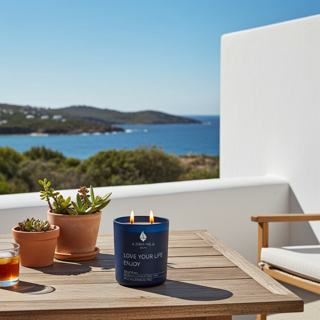 Vela perfumada de lujo A Toda Vela BCN Rumbo al Horizonte, encendida en una mesa de madera en una terraza con vistas al mar Mediterráneo y colinas. La vela de cera de soja azul marino evoca el frescor del Acorde Marino y el equilibrio de la Flor de Loto. Perfecta para un ambiente de calma y serenidad.