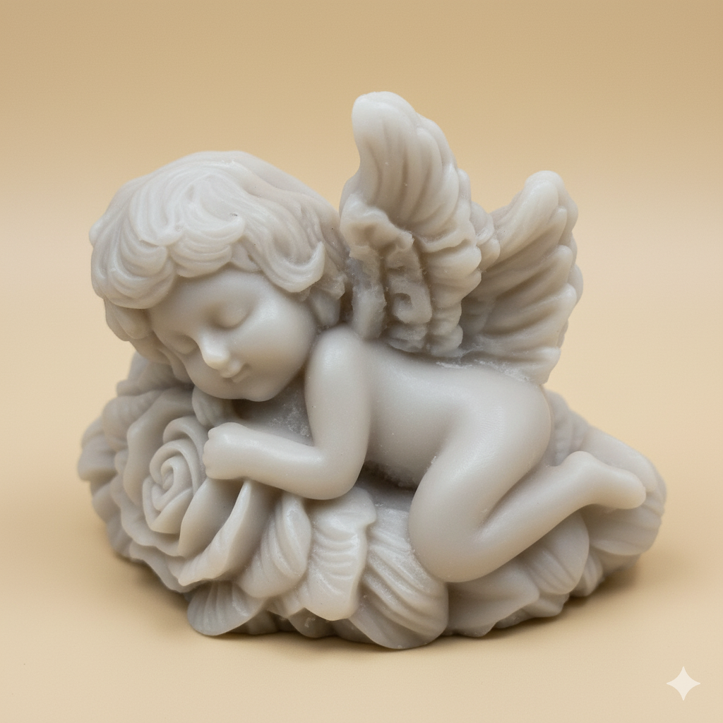 Vela Escultura Ángel Durmiendo sobre Rosa, color blanco. Souvenir de lujo y pureza para Bautizo o Primera Comunión. Artesanal y ecológico.