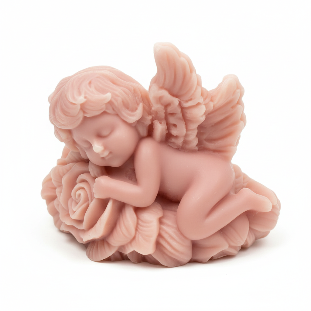 Vela Ángel Durmiendo Escultura, color rosa pálido. Símbolo de protección, recuerdo de lujo para Bautizo o Baby Shower de niña. Cera vegetal ecológica.