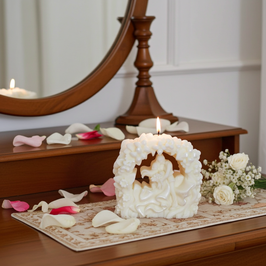 Vela de boda con novios bajo arco floral, encendida sobre un tocador elegante con pétalos de rosa.