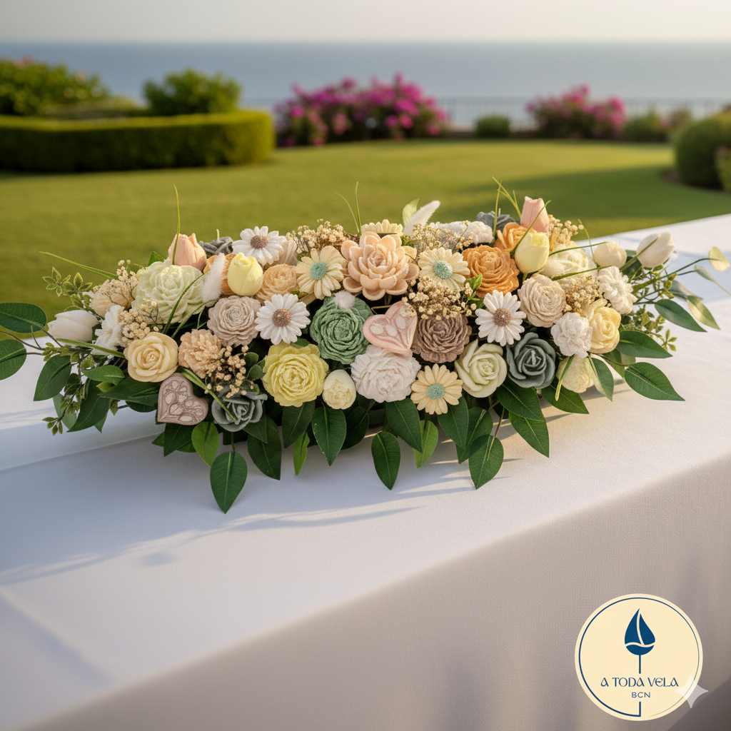 Arreglo floral de cera 100% ecológico, diseño boho chic. Souvenir de lujo y decoración de mesa con flores eternas y follaje verde.