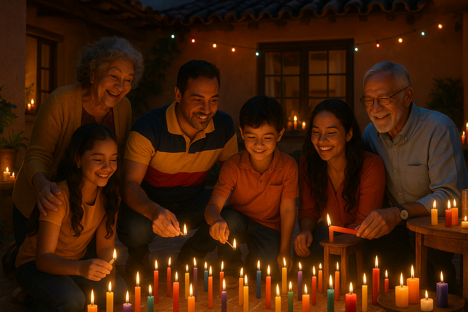 generame una imagend de q0 velitas de diferentes colores. En un entorno de una familia reunida encendiendolas en el dia de las velitas