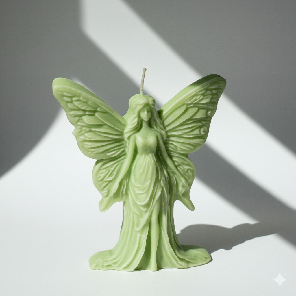 Vela Escultura Ángel/Hada en verde lima. Figura decorativa de lujo, regalo artesanal y sostenible con alas detalladas.