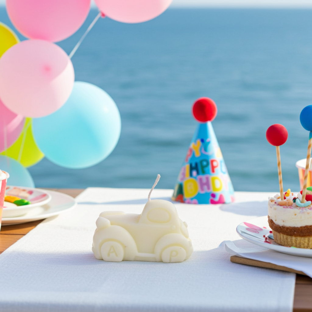 Vela con forma de coche decorando una mesa de cumpleaños al aire libre con globos y el mar de fondo.