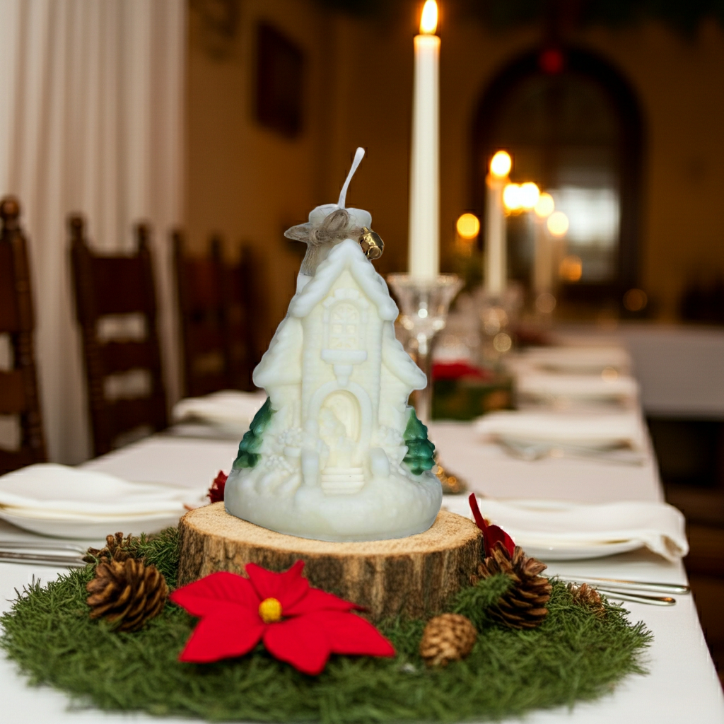 Centro de mesa navideño con la vela de iglesia nevada iluminando la decoración.