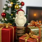 Vela de Papá Noel decorando un centro de mesa navideño.