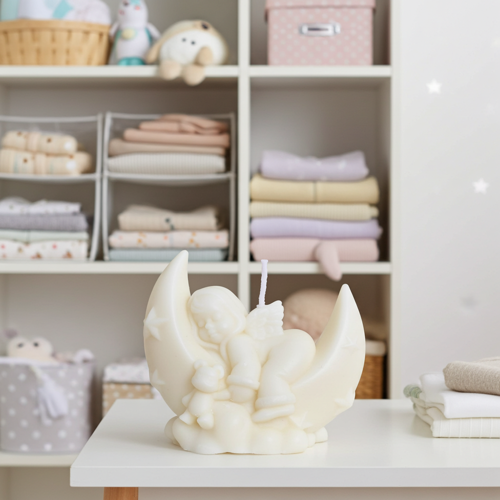 Centro de mesa de bautizo con la vela de bebé en la luna y flores.