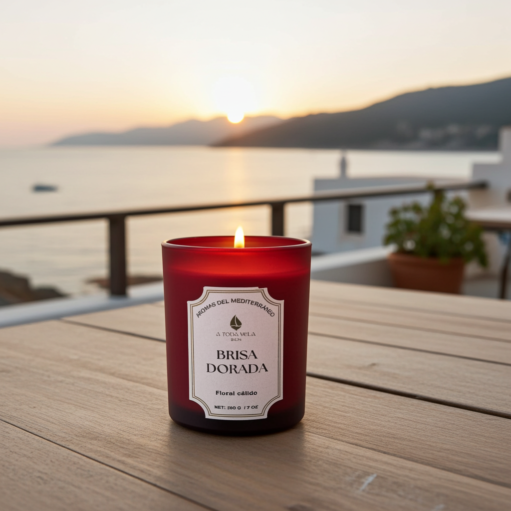 Vela aromática de lujo Brisa Dorada de A Toda Vela BCN, encendida sobre una mesa de madera en una terraza con vistas al mar Mediterráneo durante el atardecer. El envase de cristal rojo intenso complementa la fragancia Floral cálido con notas de Flor de Naranjo, Neroli y Ámbar Dorado. La escena evoca la frescura luminosa del Mediterráneo y un ambiente elegante y acogedor.