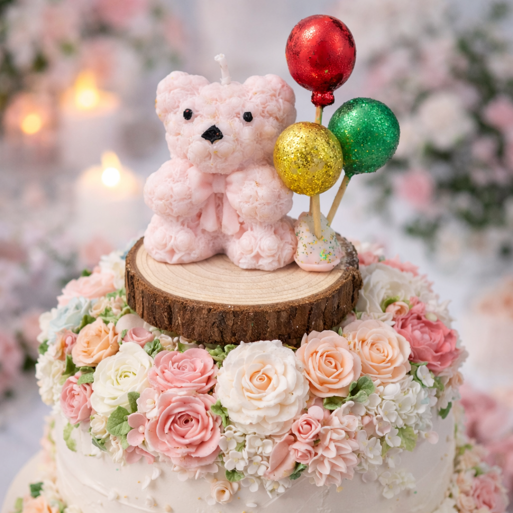 Vela artesanal de osito rosa con globos decorativos colocada sobre un pastel floral elegante para bautizo