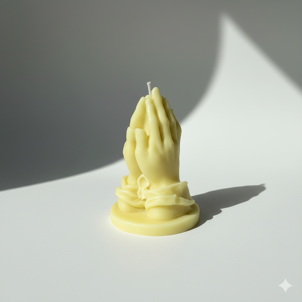 Escultura de vela Manos Rezando, color crema. Pieza central de lujo, símbolo de paz y fe para decoración de Comunión o boda.