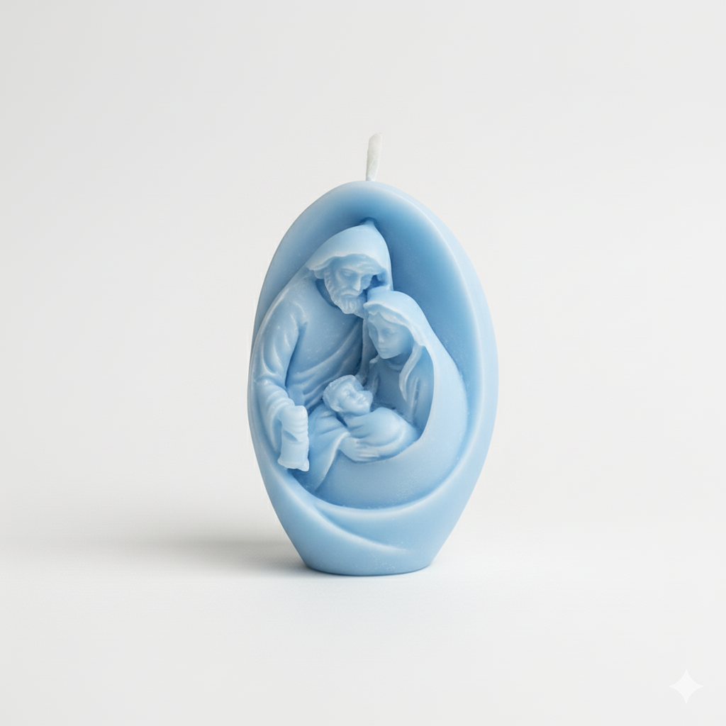 Vela Sagrada Familia de Lujo, color azul celeste. Símbolo de protección, ideal para decoración de Bautizo o regalo de nacimiento. Cera ecológica.