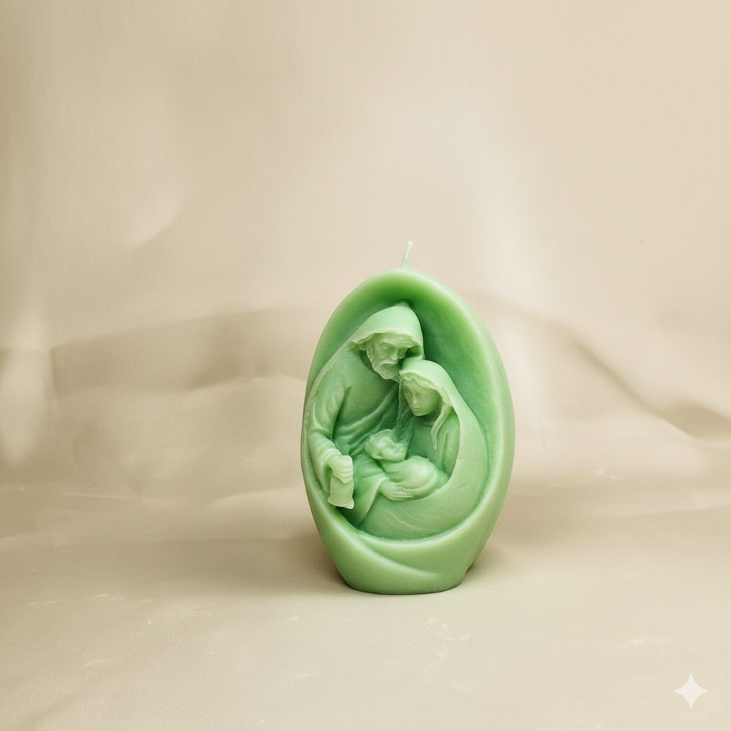 Escultura de cera Sagrada Familia, color verde menta. Pieza central de lujo para ceremonia religiosa, recuerdo artesanal y sostenible.