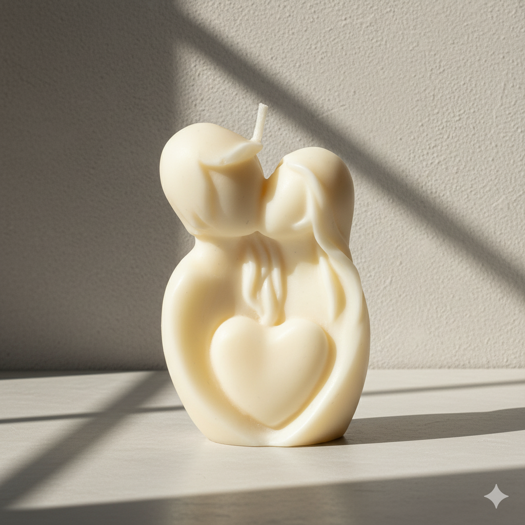 Escultura de vela Pareja Besándose con Corazón, color crema. Símbolo de amor eterno, 100% ecológico, perfecta para decoración de boda o San Valentín.