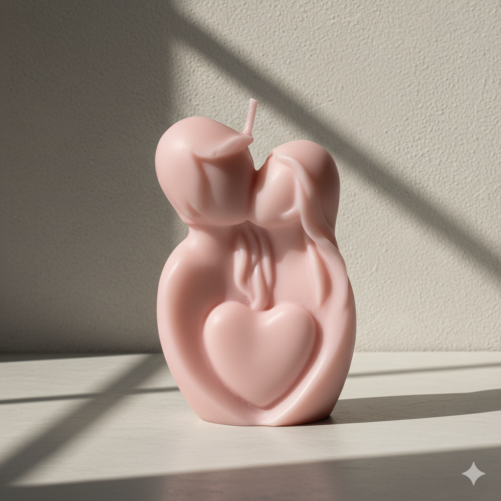 Vela Pareja Besándose Escultura, color rosa pálido. Detalle de lujo en cera vegetal con corazón central, ideal para regalo romántico o aniversario.