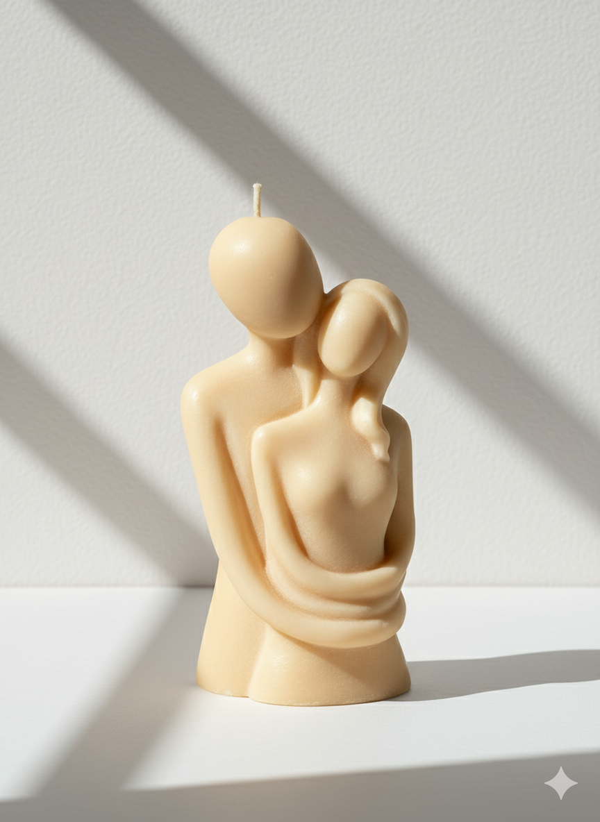 Vela Pareja Abrazada escultura, color azul celeste. Souvenir de lujo y amor, figura de cera ecológica para eventos nupciales o pedidas de mano.