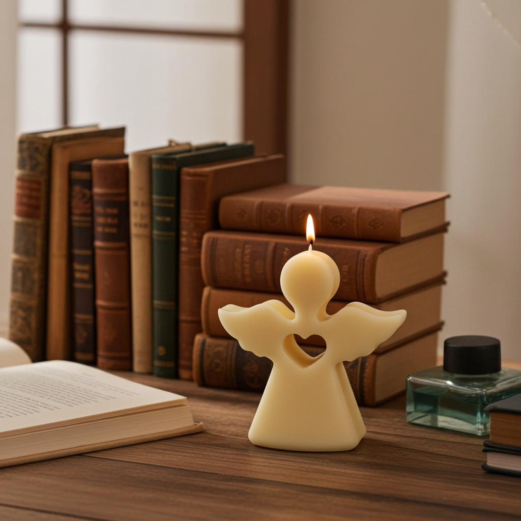 Vela de ángel con corazón encendida decorando un escritorio junto a libros.