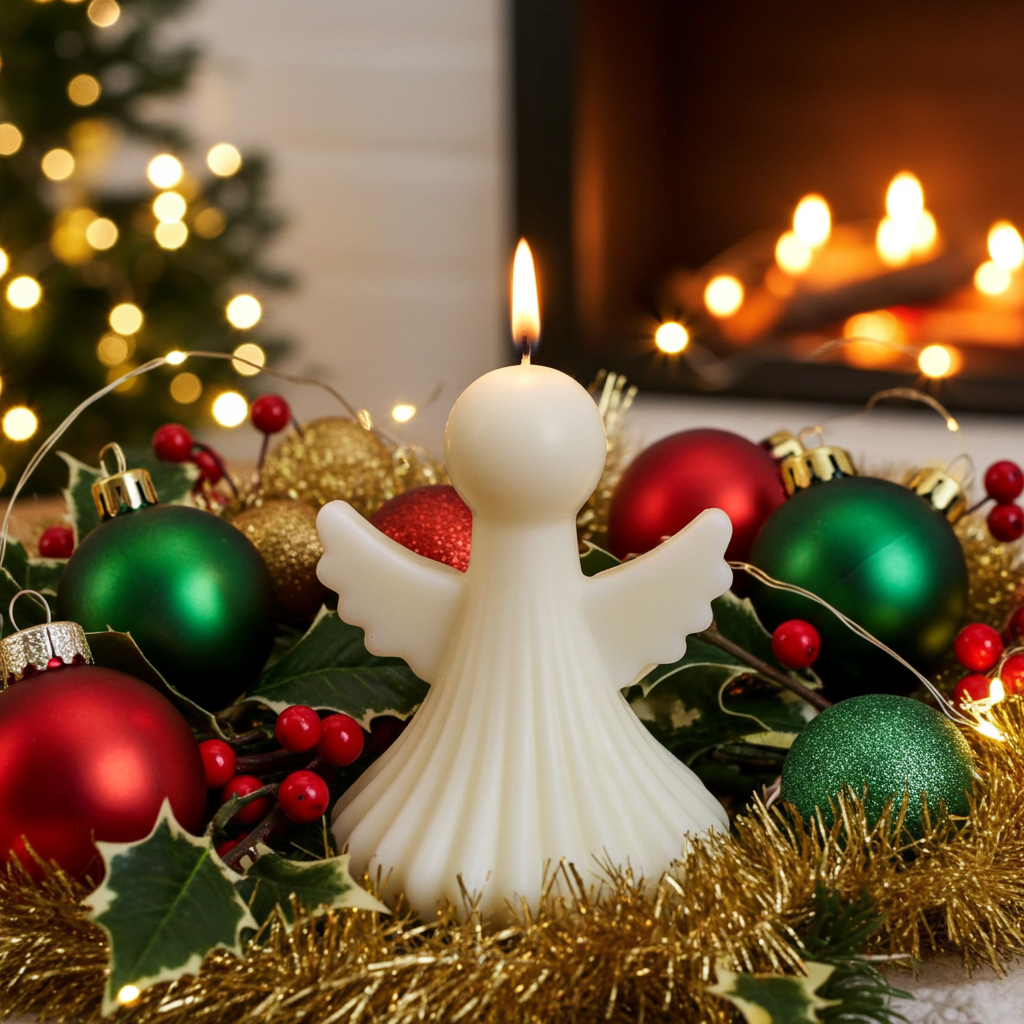 Vela de ángel clásica como centro de mesa de Navidad rodeada de adornos festivos.