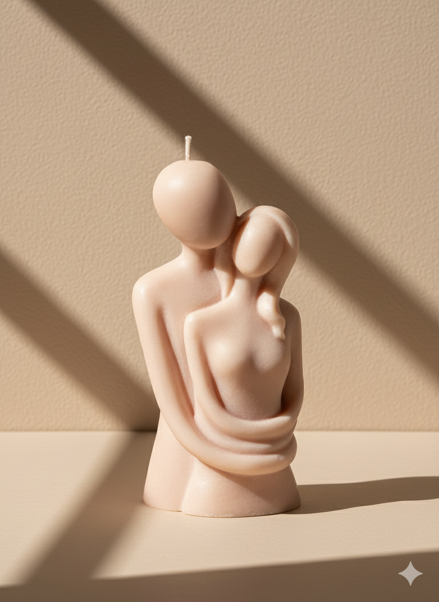 Vela Escultura Pareja Abrazada de lujo, color nude. Diseño minimalista y moderno, ideal para regalo de boda o aniversario romántico. Cera vegetal.